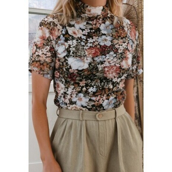 Tops - SW25136180 BR  Floral Print Mock Neck Mesh Top Various Sizes